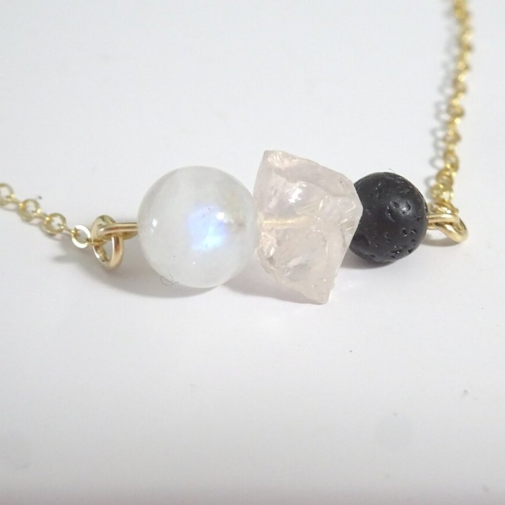 Moonstone necklace, Raw Rose Quartz necklace, lava necklace, Essential Oil Diffu